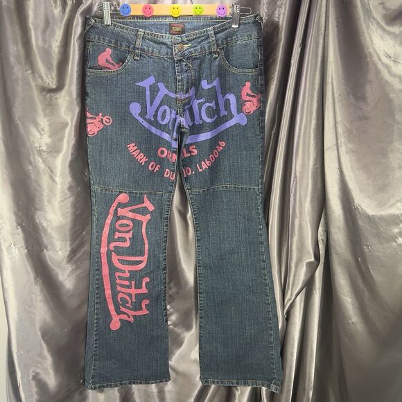 VTG Von Dutch Women’s 12 Logo Flare‎ Jeans Signature Painted Denim Moto Spellout - Picture 1 of 14